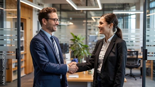 Two cheerful business professionals a man and a woman are shaking hands with a warm smile in a modern office interior symbolizing a successful partner