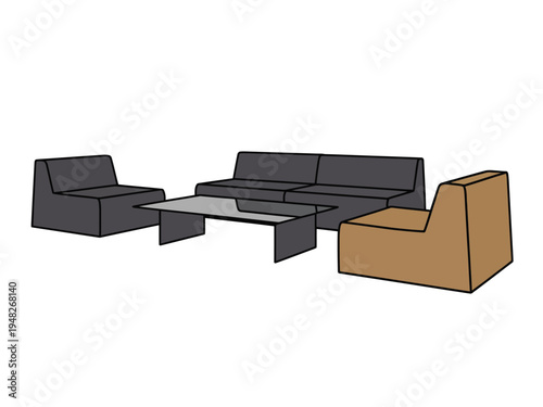 Modern modular sofa set with a rectangular glass coffee table is arranged for conversation.