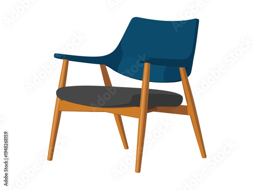 Comfortable upholstered accent chair features a dark gray cushion and natural wood legs upon.