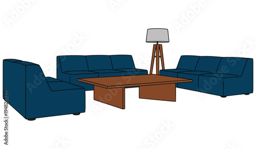 Modern living room seating arrangement includes blue sofas and a wooden coffee table in a.