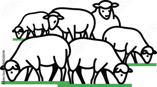 Minimalist Line Art Illustration of a Flock of Sheep Grazing on Green Grass