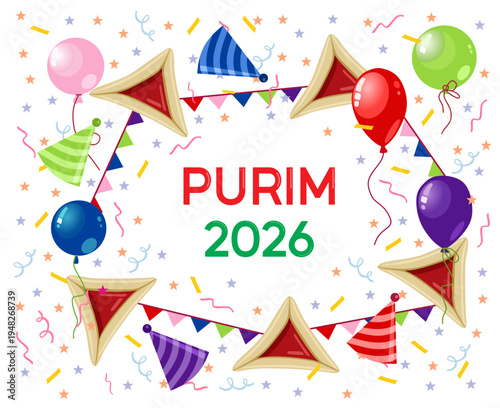 Purim 2026. Image for the holiday of Purim. Hand-drawn. Vector illustration. Celebration. Balloons, caps, Hamantaschen and serpentine.