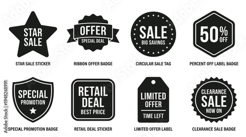 Promotional Discount Icons: Black and White Sale Labels for Retail Marketing