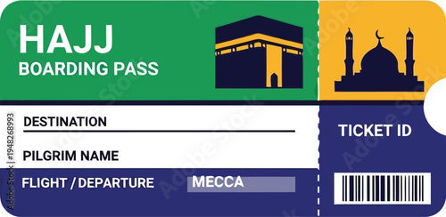 Hajj Boarding Pass Ticket Design with Kaaba and Mosque Illustration for Islamic Pilgrimage