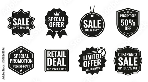 Promotional Discount Icons: Black and White Sale Labels for Retail Marketing