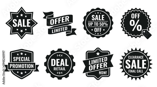 Promotional Discount Icons: Black and White Sale Labels for Retail Marketing