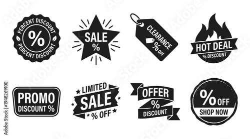 Promotional Discount Labels: Black and White Sale Badges for Retail Marketing