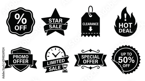 Promotional Sale Icons: Black and White Discount Badges for Retail Marketing
