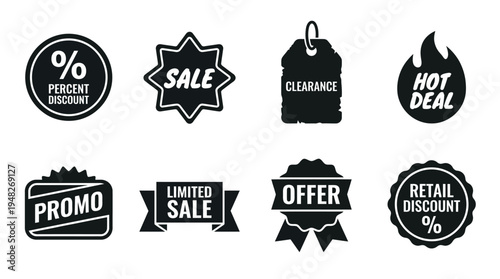 Promotional Sale Labels: Black and White Discount Badges for Retail Marketing
