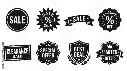 Promotional Sale Labels: Black and White Discount Badges for Retail Marketing