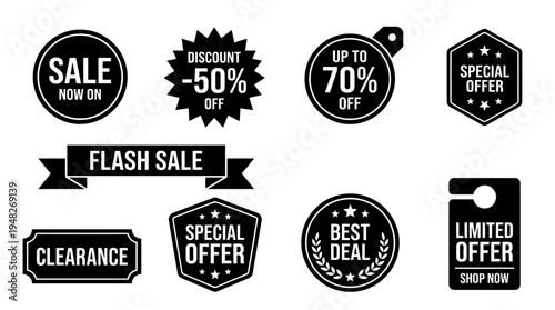 Promotional Sale Labels: Black and White Discount Tags for Retail Marketing