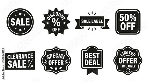 Promotional Sale Labels: Black and White Discount Badges for Retail Marketing