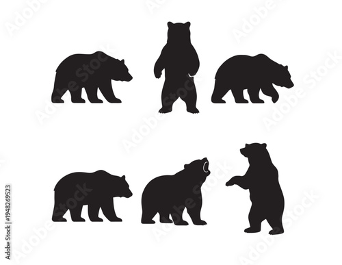 Set of wild mammal animal silhouettes featuring a black vector illustration of a lion, elephant, bear, and tiger for nature wildlife zoo design