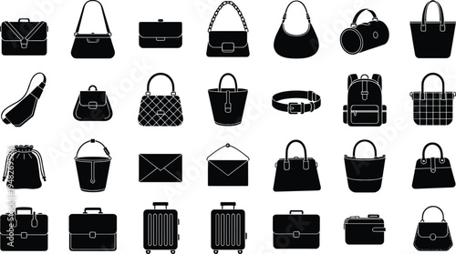 Collection of 25 black silhouette icons showcasing diverse bag and luggage styles including handbags, backpacks, briefcases, duffel bags, totes, clutches, and rolling suitcases