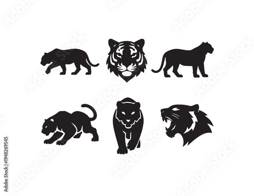 A comprehensive set of wild and farm animal vector silhouettes featuring a grizzly bear, lion, wolf, and rhinoceros as black mammal icons for wildlife nature illustrations and zoo symbol designs