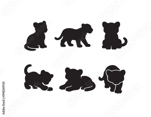 A creative vector illustration set of wild bear silhouettes and cute cartoon animal icons including a black nature drawing of a mammal for zoo and wildlife art design