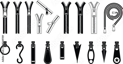 Collection of diverse zipper designs and pull tab variations including coil, invisible, open-ended, closed-ended styles for fashion, textile manufacturing, and product design