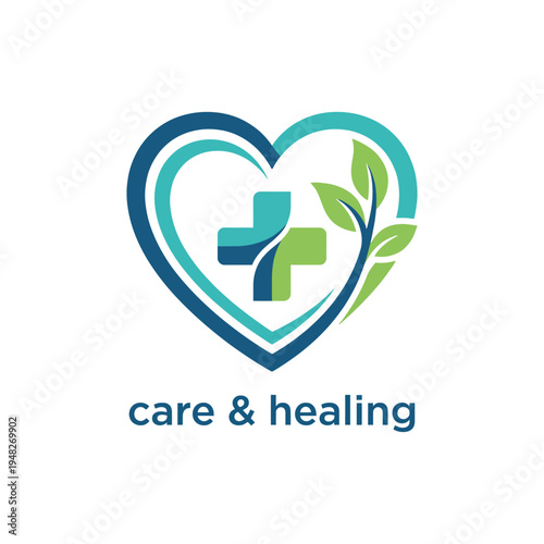 A heart-shaped logo with healthcare symbols and plant elements, reflecting care, healing, and a compassionate approach to health and wellness in modern branding.