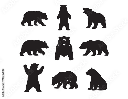 Isolated black vector silhouettes of wild and domestic animals including a lion, elephant, bear, and dog set on a white background for nature and wildlife design