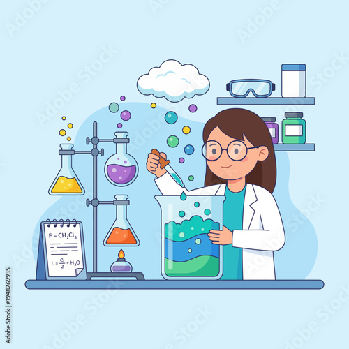 An engaging illustration of a young female scientist mixing colorful liquids in beakers, highlighting the excitement and innovation of scientific research and experimentation.
