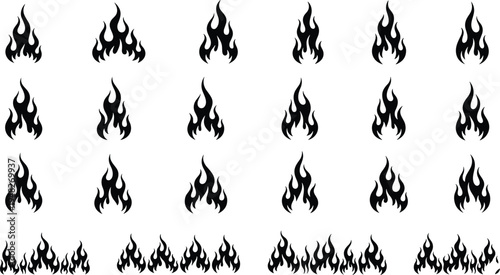 Collection of stylized black flame icons in grid arrangement, scalable vector illustration set for graphic design, branding, decoration, and creative digital projects