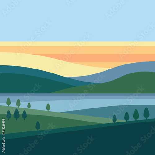 A calming landscape illustration showcasing rolling hills beneath a sunset sky, evoking tranquility and connection with nature for relaxation and peace of mind.