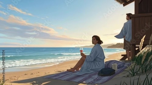 A serene beach scene captured in a relaxing at sunset with a couple