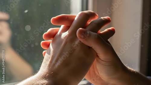 A person holds their own hand in a moment of contemplation by the window