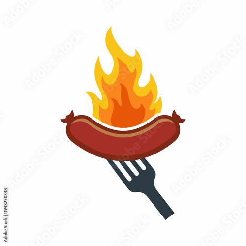 A delicious hot dog resting on a fork, engulfed in flames, symbolizing the excitement and energy of grilling and outdoor cooking in a fun, playful art style.
