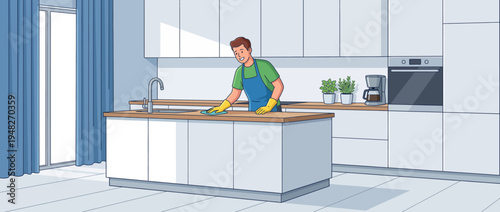 A fun illustration of a man happily cleaning the kitchen, showcasing the importance of cleanliness and home care in a modern and relatable household setting.