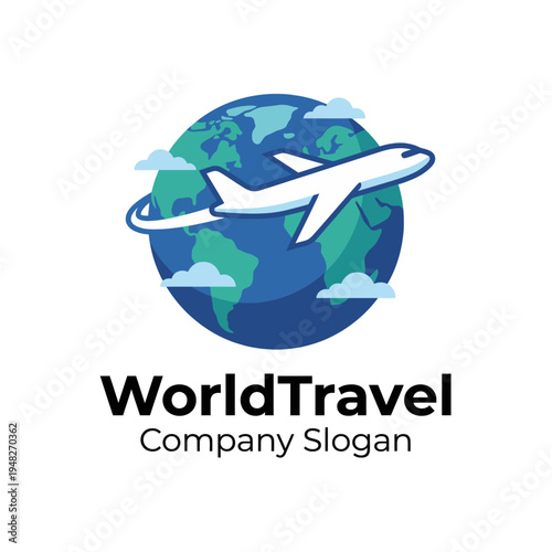 An engaging logo design featuring an airplane flying around a globe, symbolizing global exploration and adventure for a travel agency in a modern style.