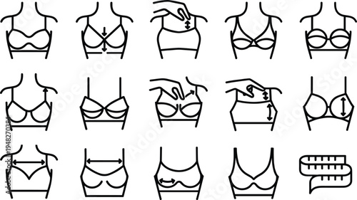 Detailed bra fitting and measurement icons set illustrating cup depth, band tightness, strap adjustment, sizing accuracy, and lingerie fitting guide for professional support and comfort.Detailed bra 