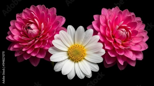 A serene showcasing three beautiful flowers against a black background