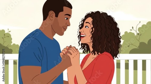 A romantic couple holding hands and smiling at each other in a peaceful outdoor setting