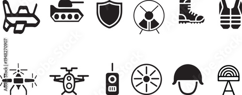 Military War Equipment Set Vector Illustration  Army Weapons, Helmet, Tank, Tactical Gear Icons EPS