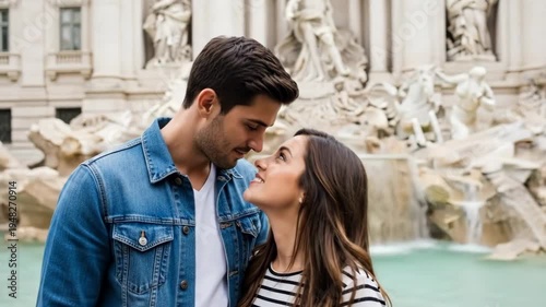 A romantic couple shares a tender moment in front of a beautiful fountain in a historic city during a shoot.