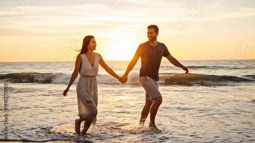 A romantic couple walking hand in hand on the beach during a serene sunset