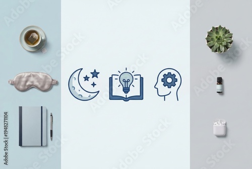 Aesthetic symbolism of mindfulness practices combining relaxation elements like tea, eye mask, and aromatherapy illustrated with celestial motifs representing transformation and awareness