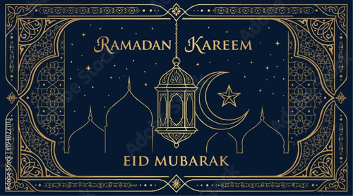 Ramadan kareem eid mubarak gold lantern crescent star night sky mosque silhouette islamic greeting card design