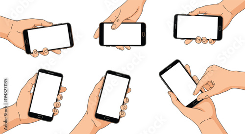 Hands holding smartphone with blank white screen in various positions, mobile phone mockup for app design and social media, vector