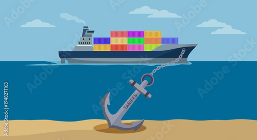 Barco de carga con contenedores en el mar y un ancla en el fondo marino con la palabra aranceles