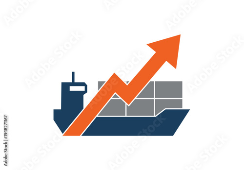 Buque de carga con contenedores y una flecha naranja ascendente