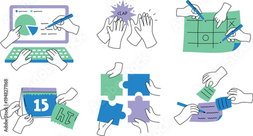 Hands illustrations. Vector concepts of hands in different activities. Creative illustrations for graphic and web design, marketing, business presentation, social media