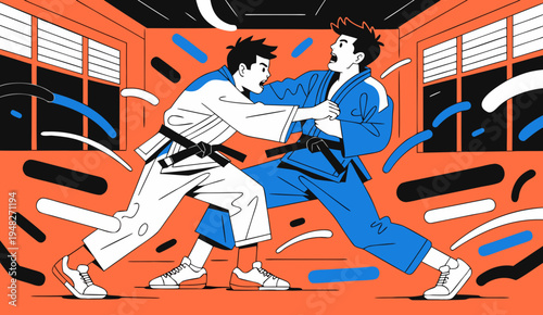 One single line drawing of two young energetic judokas fighter men battle fighting at gym center vector graphic illustration. Martial art sport competition concept. one line Icon drawing .vector icon
