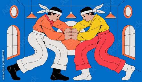 One single line drawing of two young energetic judokas fighter men battle fighting at gym center vector graphic illustration. Martial art sport competition concept. one line Icon drawing .vector icon
