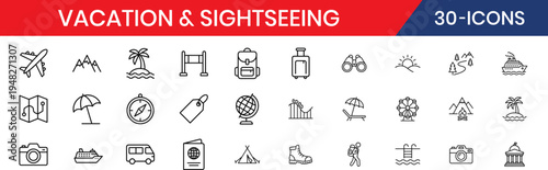 Vacation & Sightseeing thin line icon set