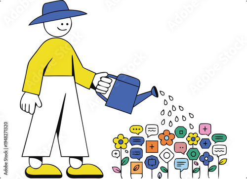Person watering abstract flowers with communication icons, symbolizing digital growth and nurturing online ideas.
