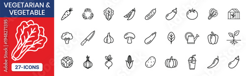 Vegetarian Vegetable Thin Line Icon Set