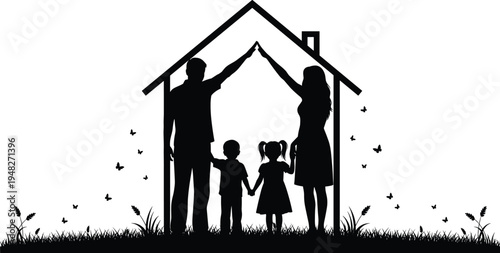 Happy family silhouette standing inside house outline, parents and children holding hands, grass with butterflies, home insurance concept, vector