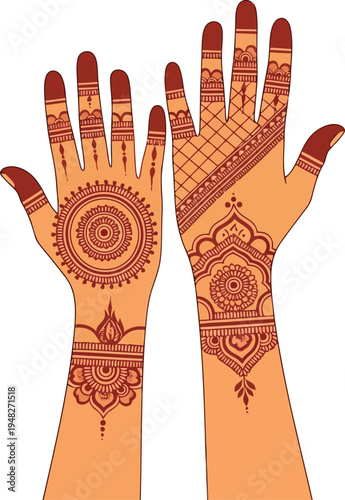 Detailed Bridal Henna Mandala and Mesh Patterns on Both Hands